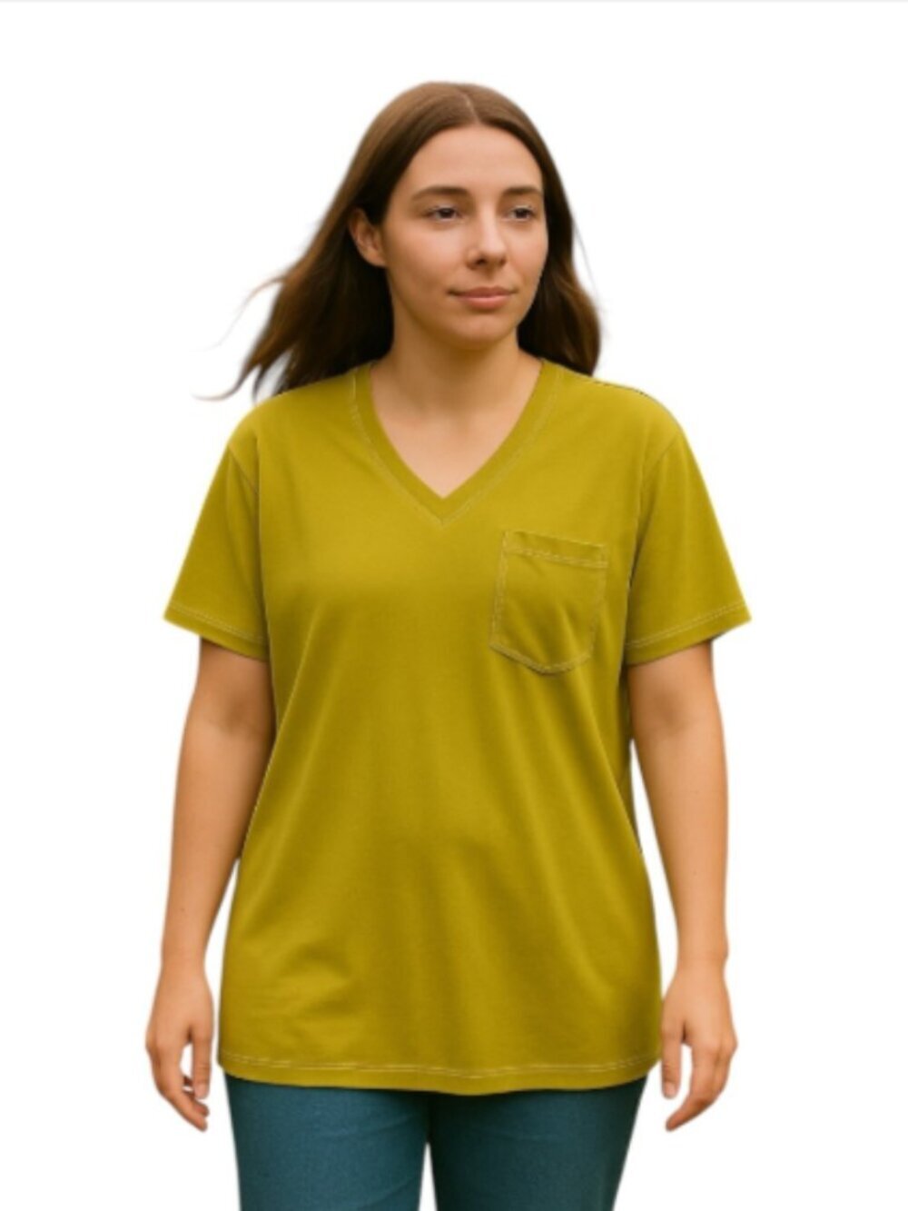 NEW POL Oversized Small Green T-Shirt V-Neck Pocket Relaxed Fit Silky Comfy